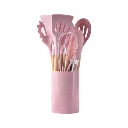 COFEST Kitchen Utensils & Gadgets,Wooden Handle Silicone Kitchenware Set 12 Piece Round Barrel Set Non Stick Pot Cooking Spoon Kitchen Tools Pink A