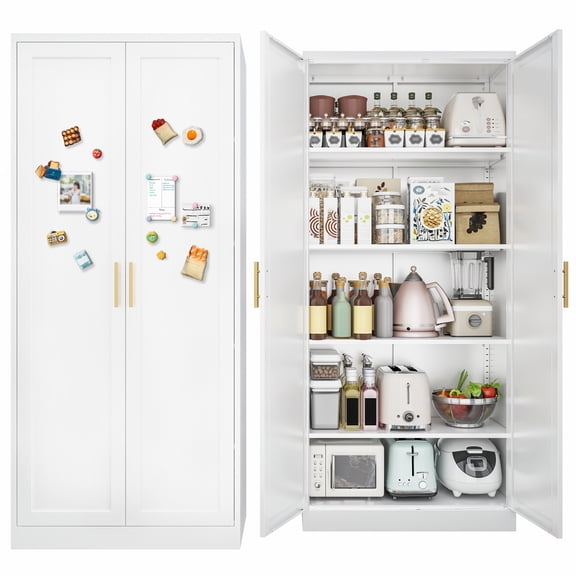 Kitchen Pantry Cabinet,71” Metal Tall Pantry Storage Cabinet with Doors and 4 Adjustable Shelves,Kitchen Storage Cabinets White Freestanding Food Cabinet for Pantries, Kitchen, Dining Room