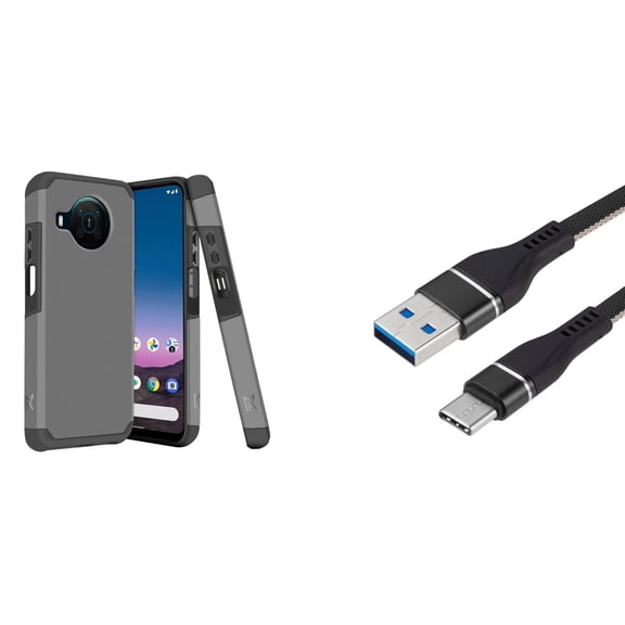 Bemz Nokia X100 Bundle: Slim Dual Layer Shockproof Protector Case (Charcoal Grey), Nylon Braided USB-C to USB-A Cable (3 Feet)