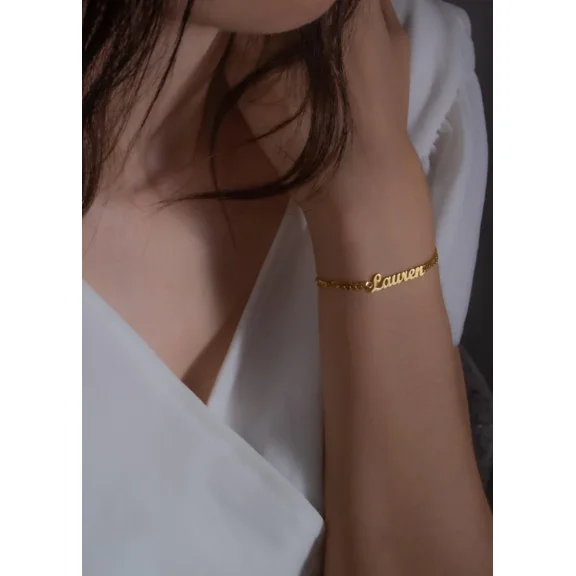 Custom Personalized Name Bracelet 14K Yellow Gold Charms Handmade Cuban Chain Engraved Handwriting NK Bangle Gift