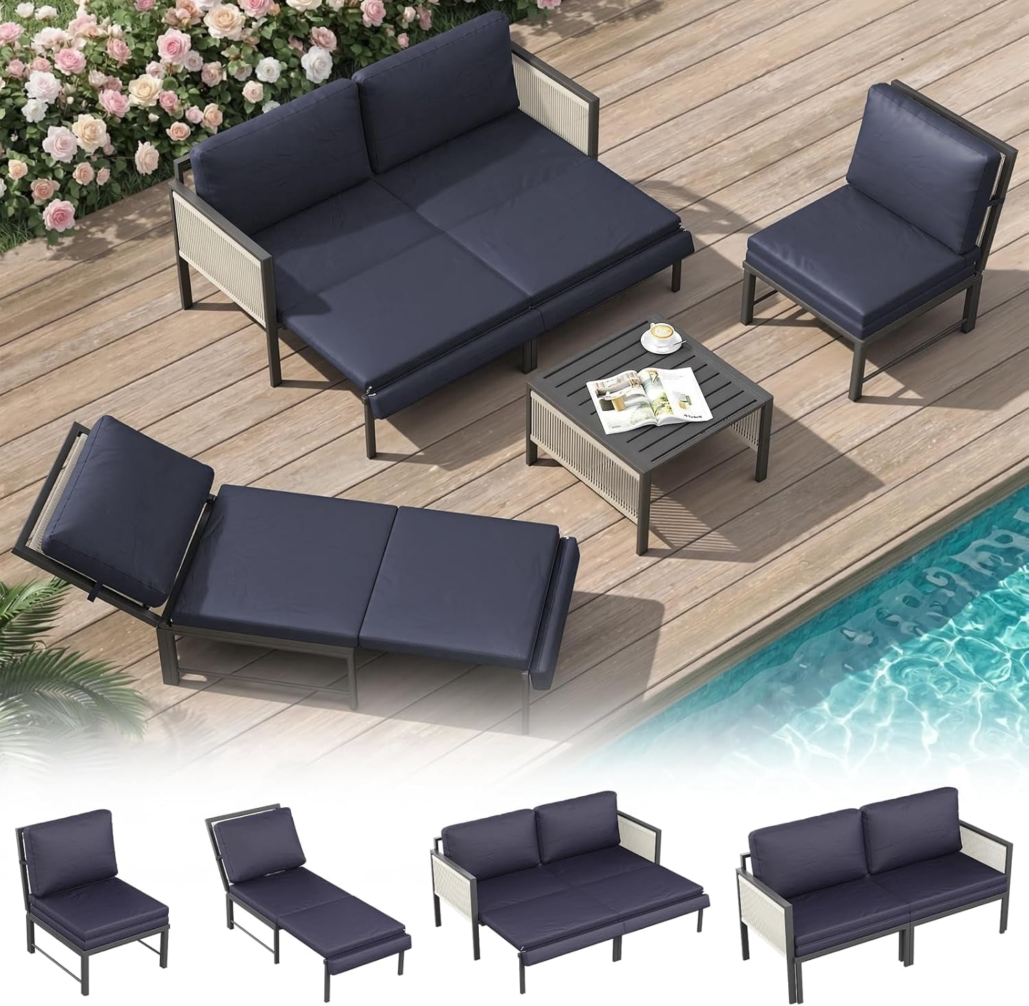 YODOLLA 4-Piece Patio Furniture Sets with Retractable Chairs & Coffee Table , 4 PcsModular Patio Furniture with Coffee Table & Cushions, Aluminum Frame,Navy