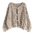 thumbnail image 4 of larppty Womens Y2k Bow Tie Front Cardigan Sweaters Oversized Fall Open Front Leopard Print Cardigans Cute Loose Knit Coats (Khaki, M), 4 of 5