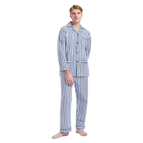 GLOBAL Conjuntos de Pijamas para Hombre, Ropa de Dormir de Franela 100% Algodón, Ropa de Dormir Superior E Inferior de Manga Larga, Rayas Retro Azules L