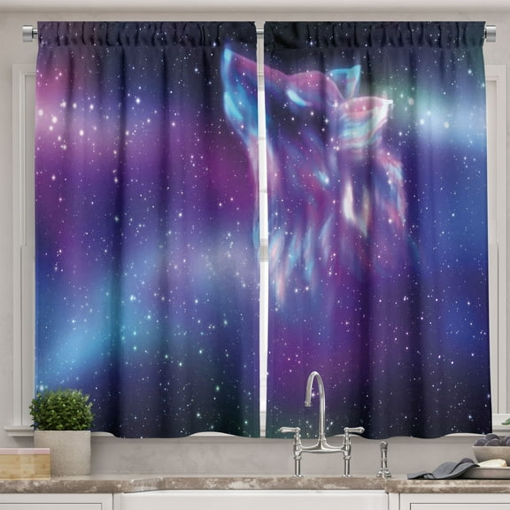 Fantasy Curtains 2 Panels Set, Psychedelic Northern Starry Sky with Spirit of A Wolf Aurora Borealis Display, Window Drapes for Living Room Bedroom, 55W X 39L Inches, Blue Purple, by Ambesonne