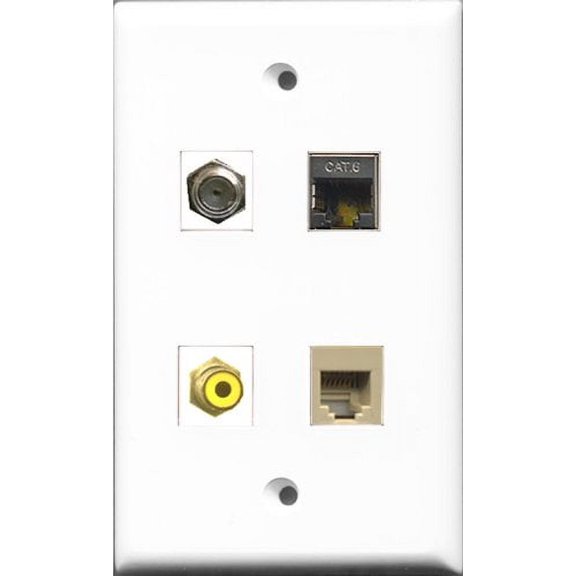 RiteAV 1 Port RCA Yellow and 1 Port Coax Cable TV- F-Type and 1 Port Phone RJ11 RJ12 Beige and 1 Port Shielded Cat6 Ethernet Wall Plate