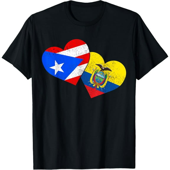 Ecuador Puerto Rico Flag Heart Ecuadorian Roots T-ShirtMen and women, Black T-shirt, size: Extra large S-4XL