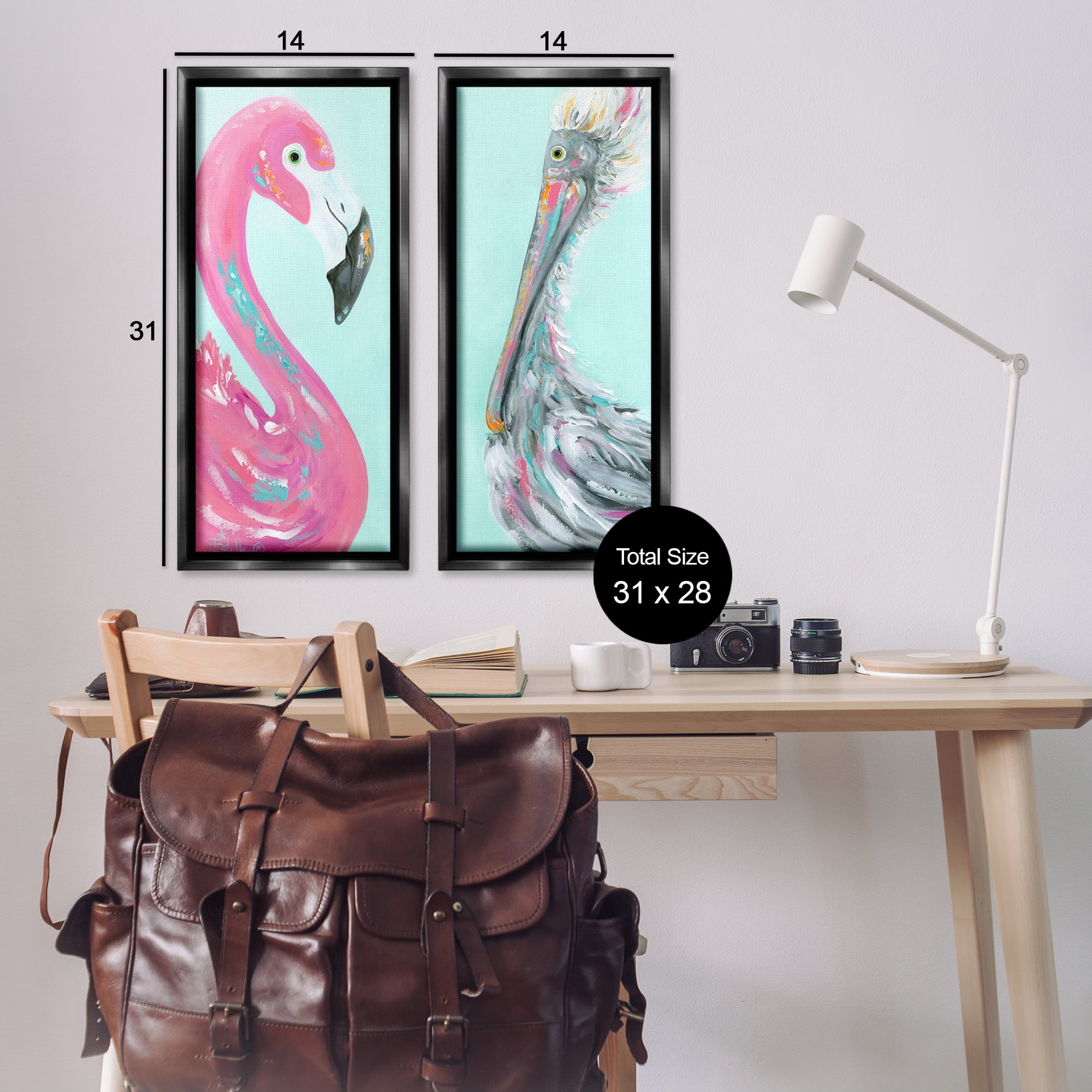 Stupell Industries Odd Flamingo Pelican Profile Animals Painting Black Floater Framed Canvas Art Print Wall Art, 14 x 31, Set of 2