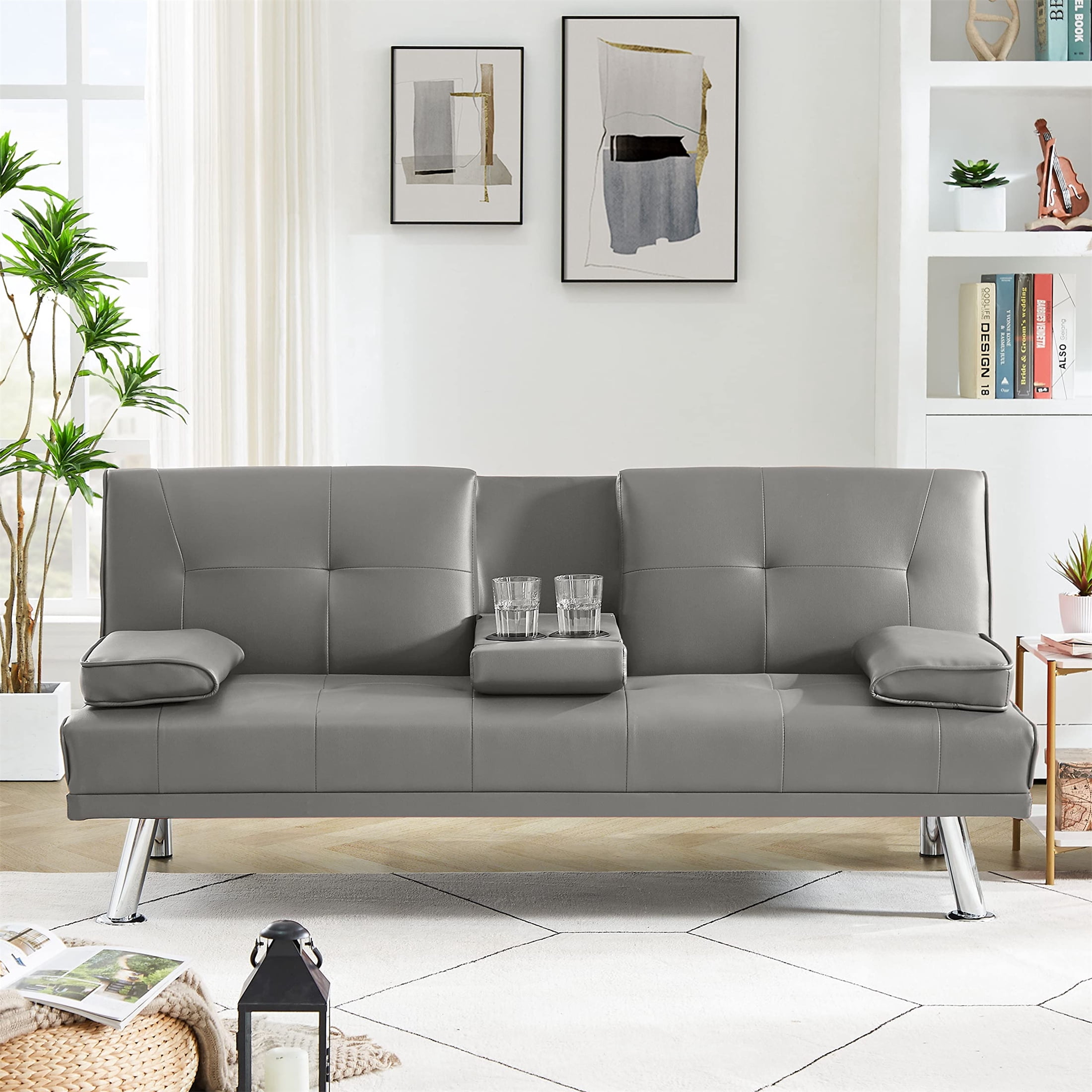 Aukfa Leather Futon Convertible Sofa Bed, 2 Cup Holders Twin Size, Gray