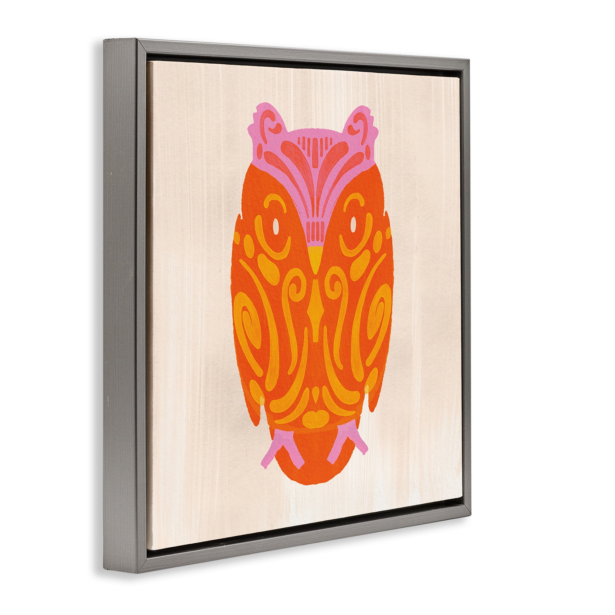 Stupell Industries Vibrant Folk Owl Motif Gray Framed Floater Canvas Wall Art, design by The Paper Curator