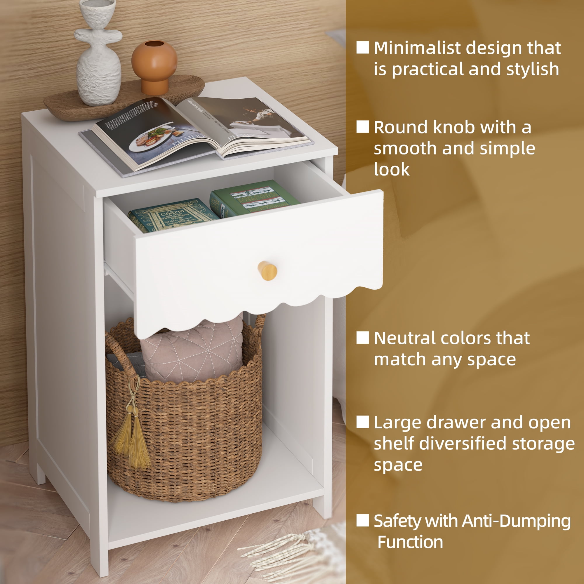 Yoneston Elegant Open Shelf Nightstand with Drawer Storage for Kid's Room Bedside Bedroom, Snow White