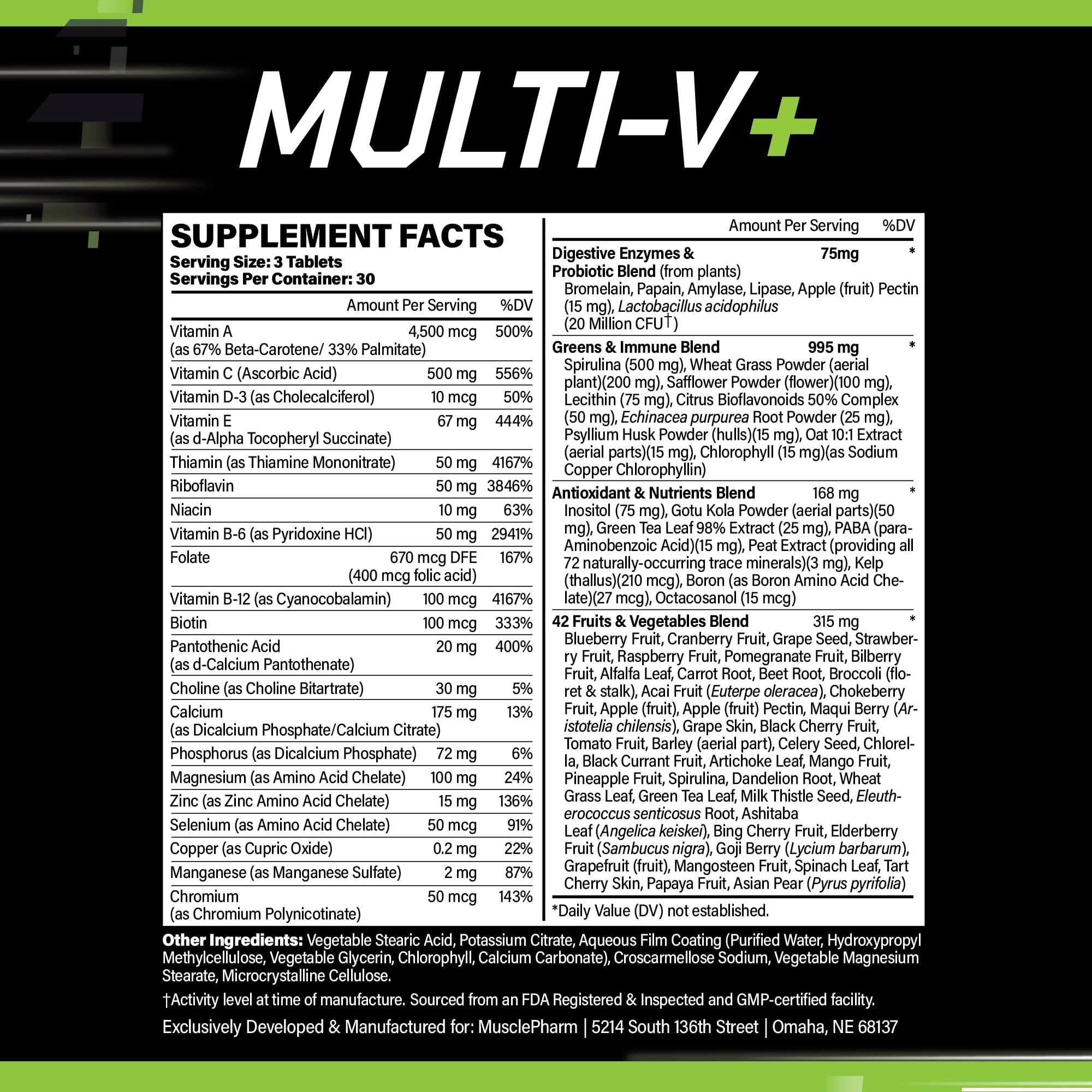MusclePharm Essentials Multi-V+ The Athlete's Multi-Vitamin, Enhanced Energy, Performance & Immune Health, Daily Multivitamin for Men & Women with Minerals Plus Probiotics, 90 Tablets, 30 Servings