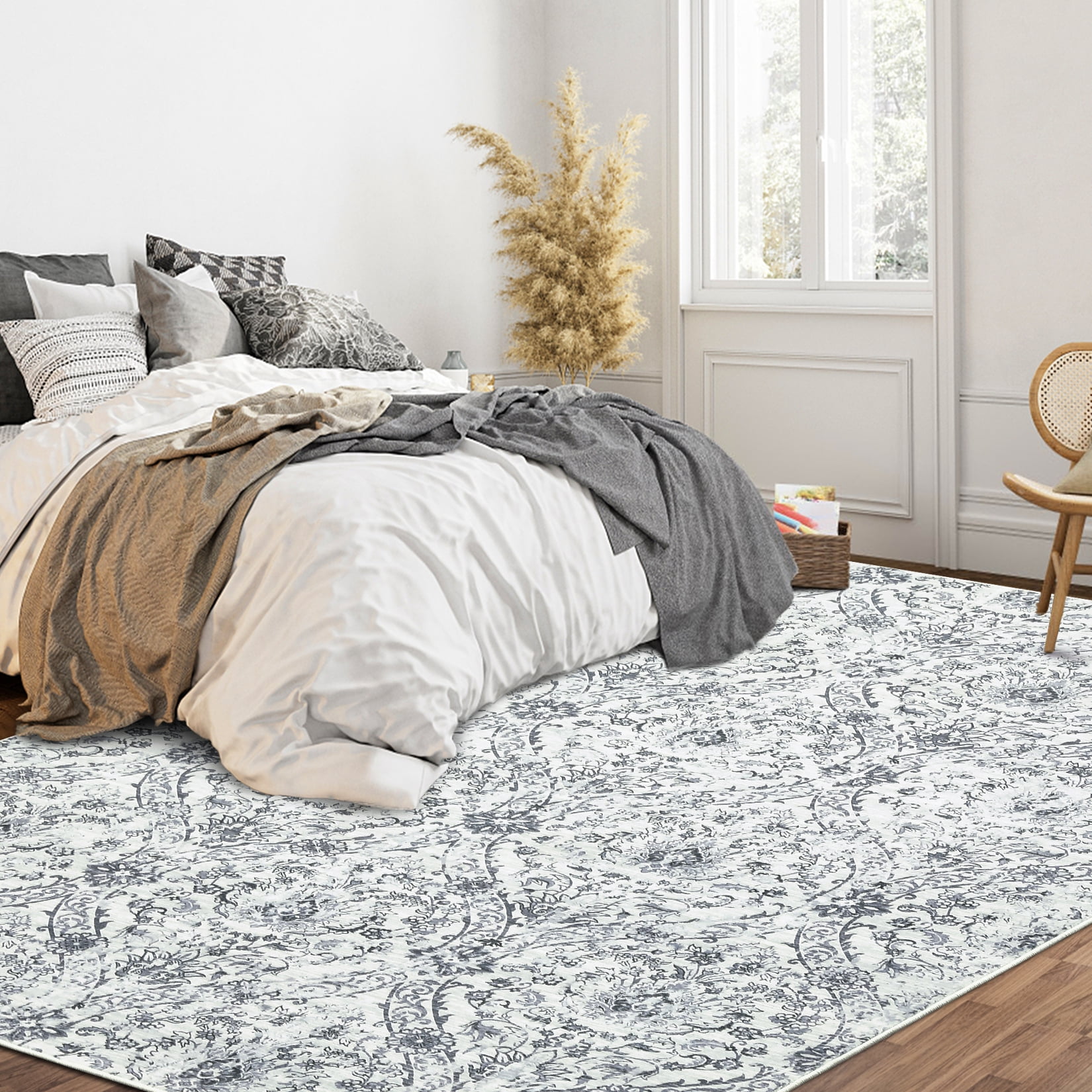 Hasoo 5' x 7' Damask Area Rug for Living Room Boho Vintage Rug Non Slip Throw Rugs Floral Bedroom Rug, Beige Gray