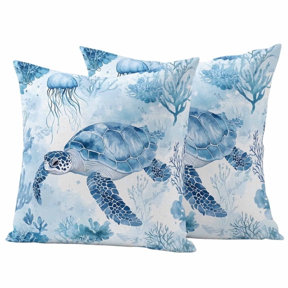 2 Pack Outdoor Waterproof Throw Pillow Covers,Watercolor Blue Marine Sea Turtle Decorative Square Patio Pillowcases for Chair Couch Sofa 16x16in