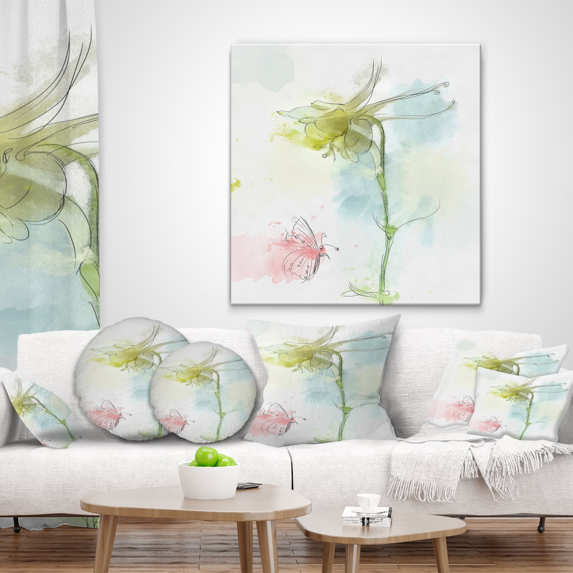 Designart Bellflower Sketch and Butterfly - Floral Throw Pillow - 16x16