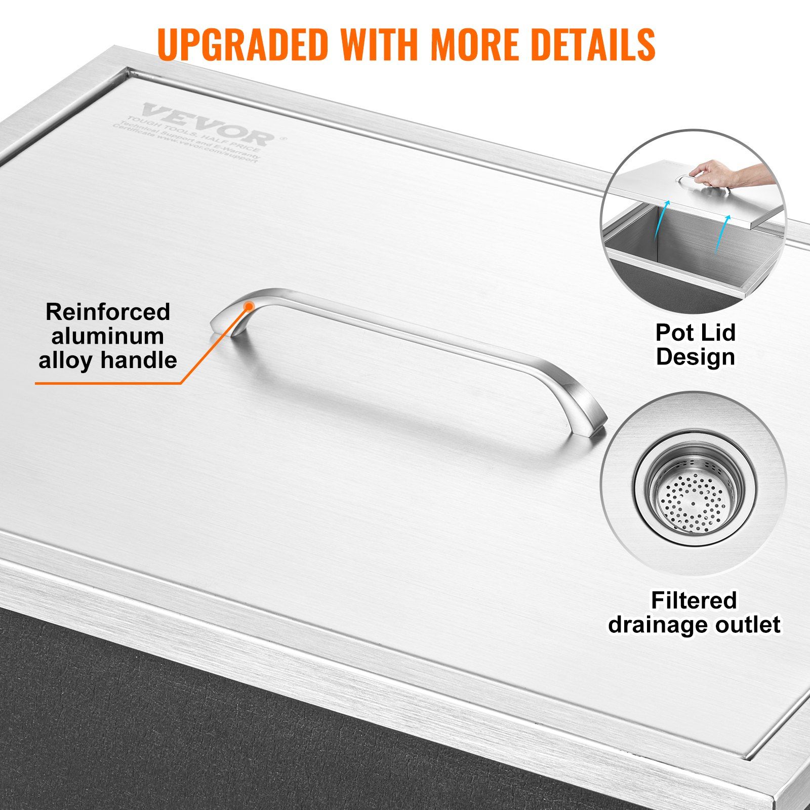HCY Drop in Ice Chest, 21"L x 17"W x 18"H Stainless Steel Ice Cooler, Commercial Ice Bin with Cover, 40 qt Outdoor Kitchen Ice Bar, Drain-pipe and Drain Plug Included, for Cold Wine Beer