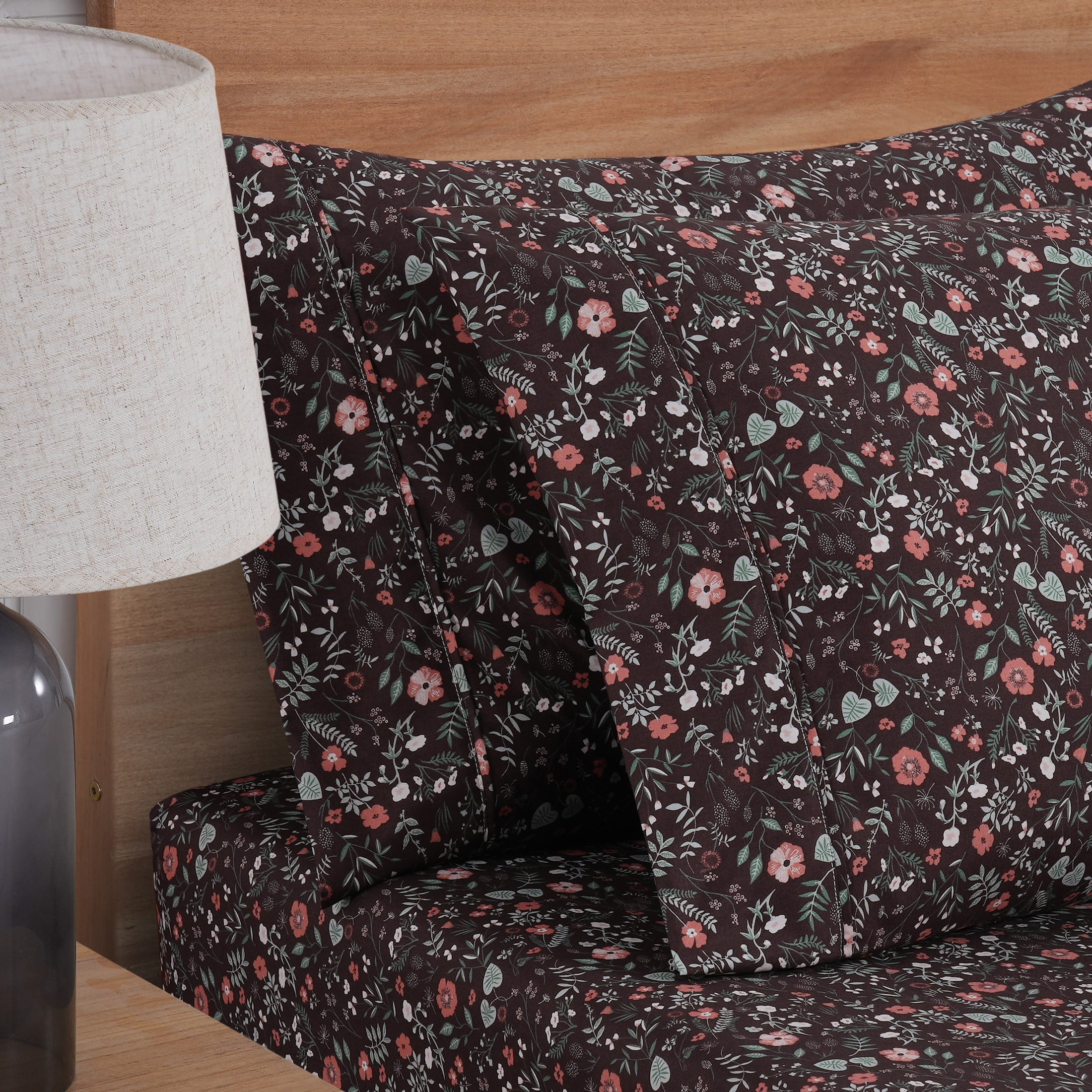 Mainstays Super Soft Brushed Microfiber Pillowcase Set, Dark Brown Floral, Standard/Queen, 2 Piece