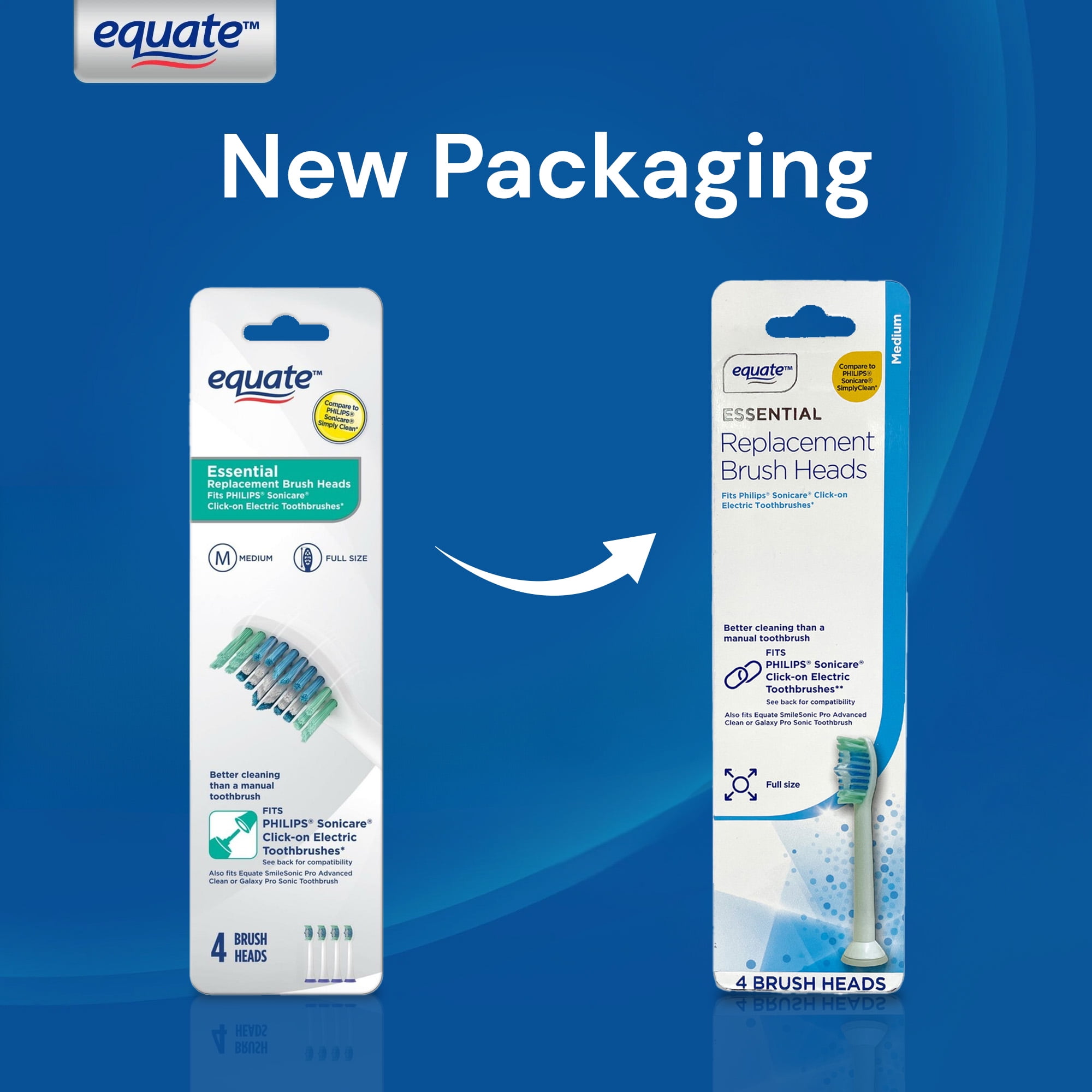 Equate SmileSonic Pro Essential Clean Replacement Toothbrush Brush Heads, White, 5 Count