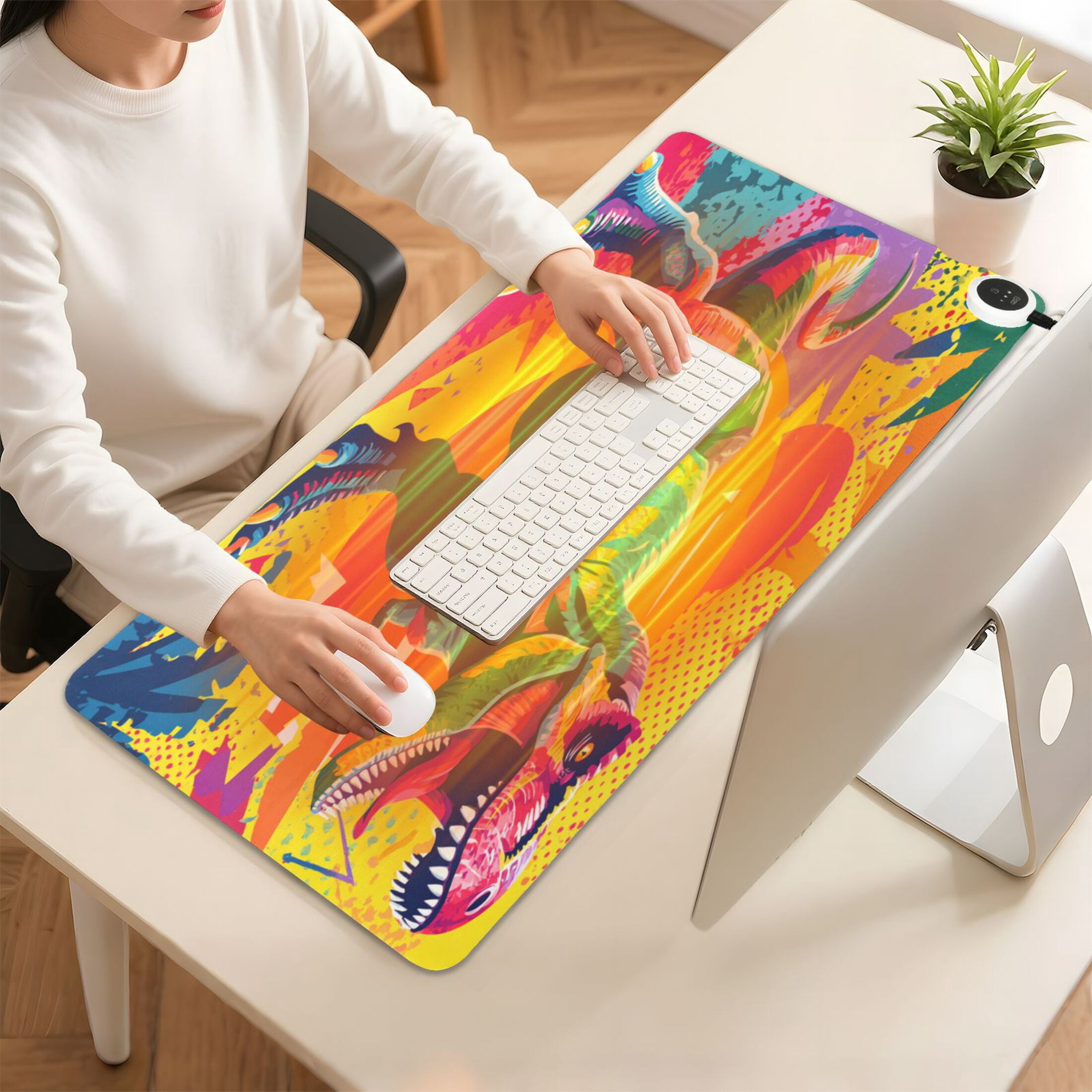 Large Heated Desk Mat Mouse Pad 31.5"x13"PU Leather Graphene Heating Desk Warmer with 3 Temperature Settings 110V US Plug Non-Slip Warm Pad for Home, Office, and Gaming Bold Tropical Dino Design