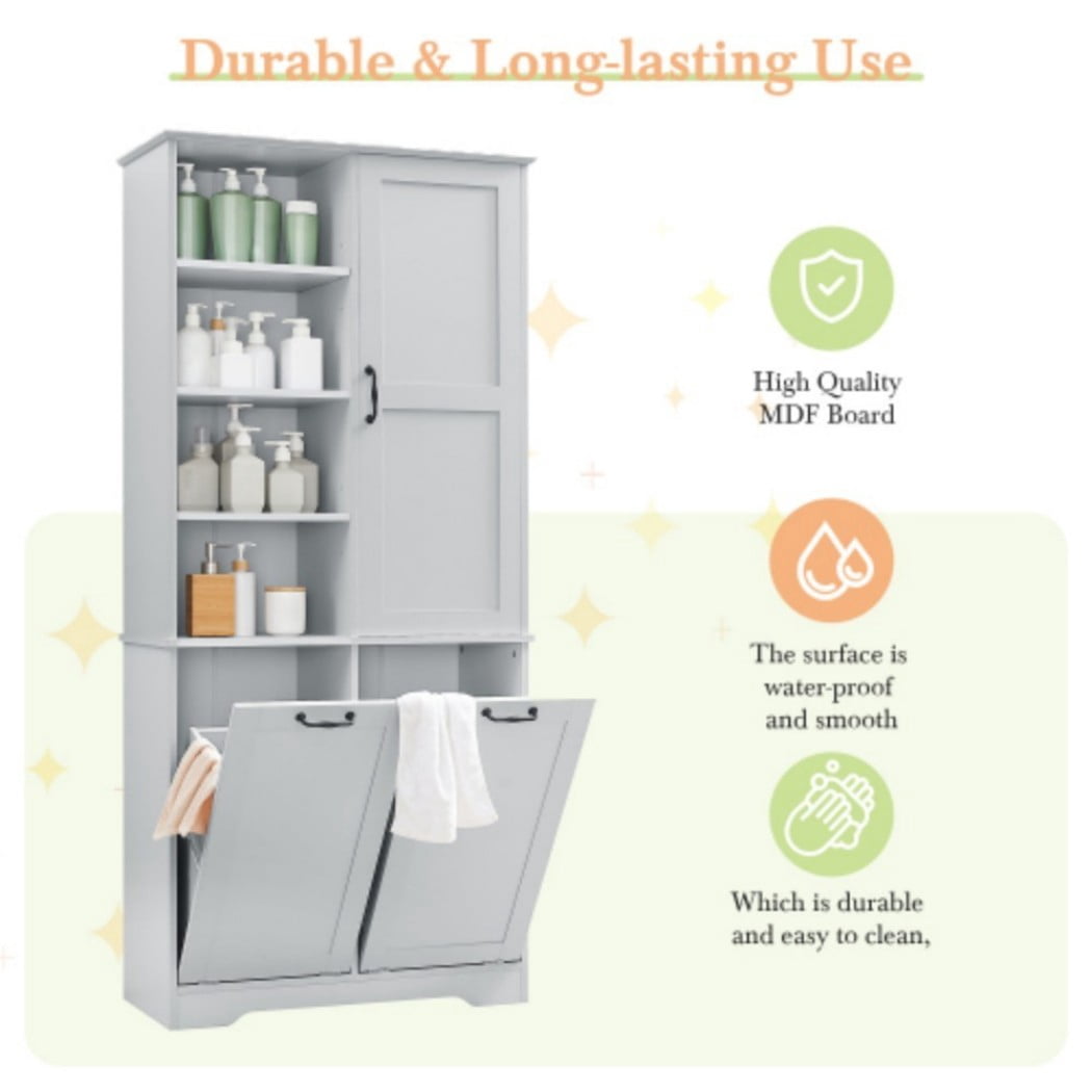 Bathroom Storage Cabinet with Doors and Drawers, Tall Laundry Hamper Cabinet with 2 Tilt-Out Baskets, Adjustable Shelves, Open Storage, Gray