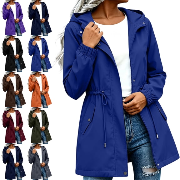 Women's Outdoor Rain Jacket Waterproof Hooded Long Sleeve Casual Windbreaker Coat with Pockets