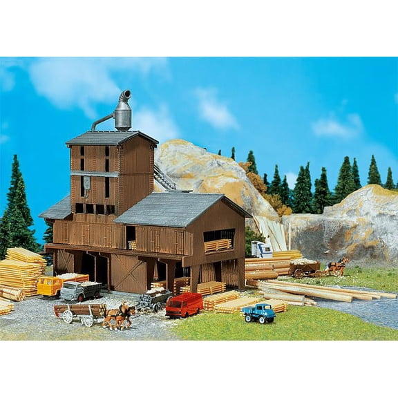 Faller N Scale Building/Structure Kit Sawmill with Wood Stacks - Weathered Model