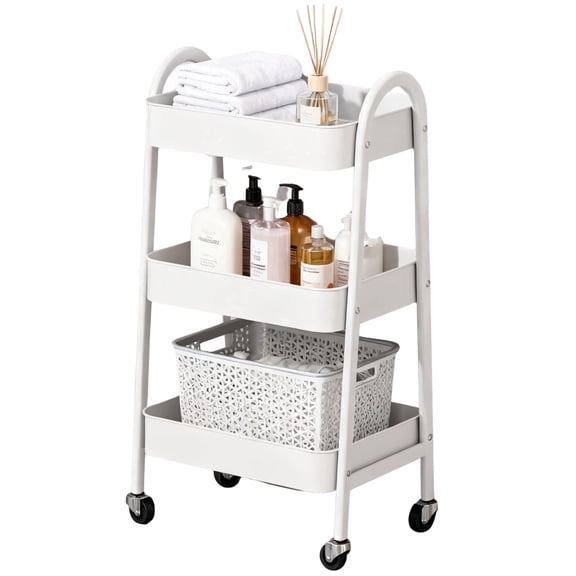 calopet 3-tier metal Rolling Cart, Utility storage Cart with 360° rotating wheels, for bathrooms, kitchens and bedrooms, white