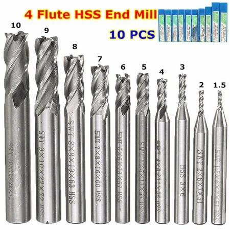 10 Pcs HSS Carbide 4 Flute End Mill Drill Bit Set Attachment Kit CNC Milling Cutter 1.5-10mm with 10 Boxes For General Iron (Best Mini Cnc Mill)