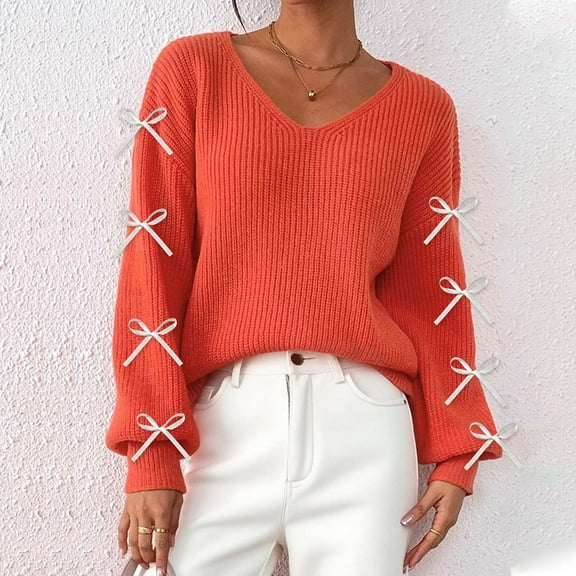 BVOFAR Oversized Sweaters for Women Cozy V Neck Side Bow Knit Tops Trendy Lantern Long Sleeve Pullover Casual Travel Sweater