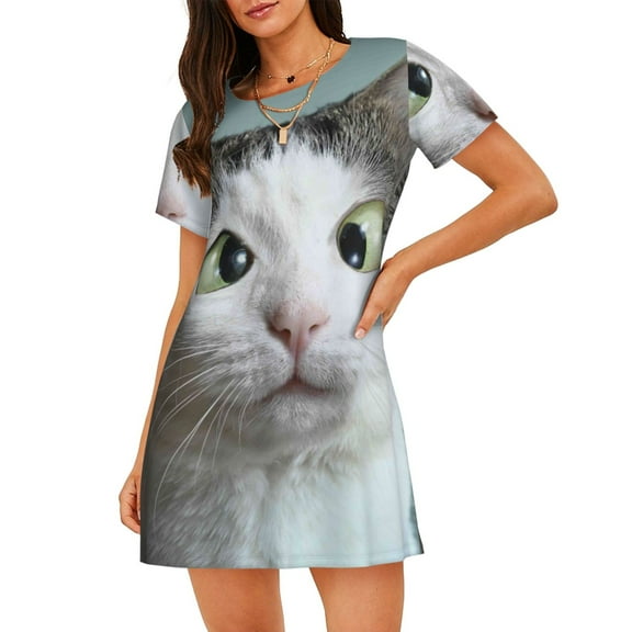 Logiee Funny Cat Print Nightgowns for Women,Soft Short-Sleeved Lightweight Sleepwear, Loose Sleepshirts