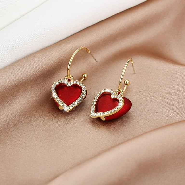 Red Heart Earrings. Valentines Earrings. Love Earrings. Gold Hoops