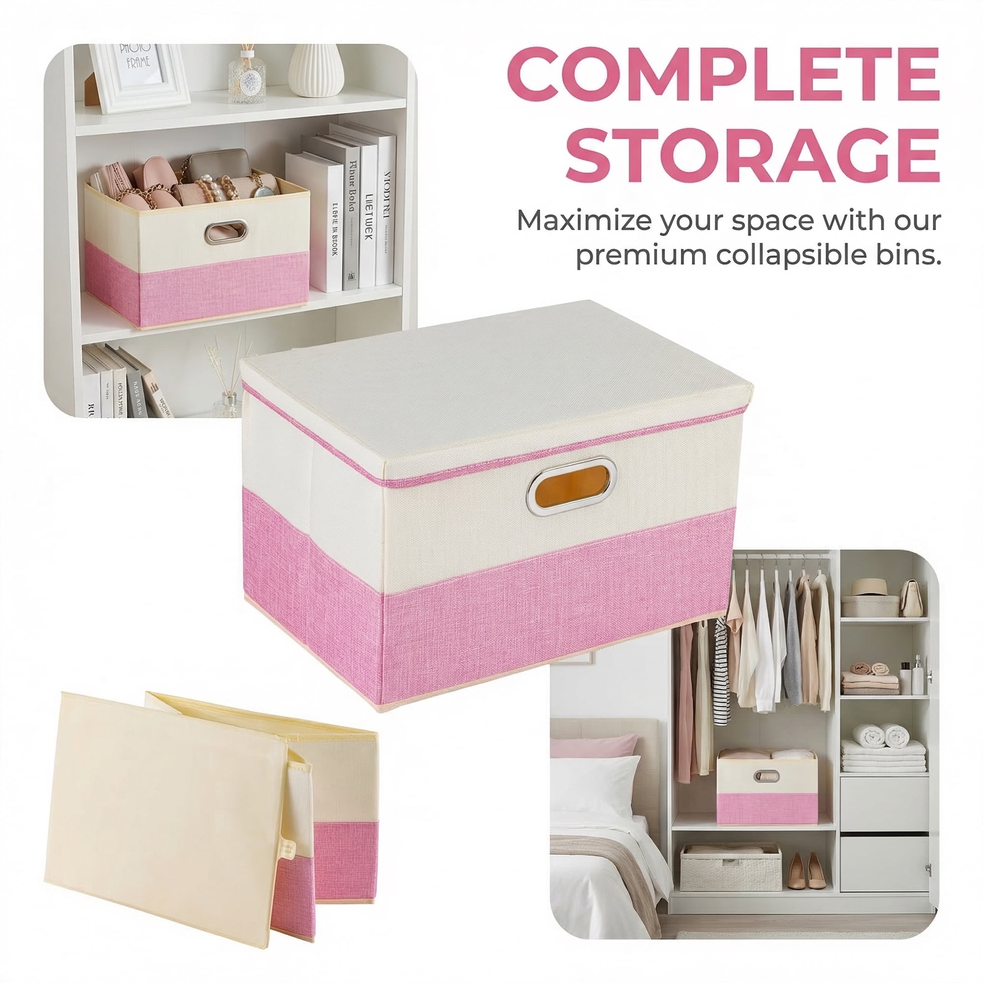 Unique Bargains Fabric Storage Bin with Lids Pink 16.9*11.8*10.6in