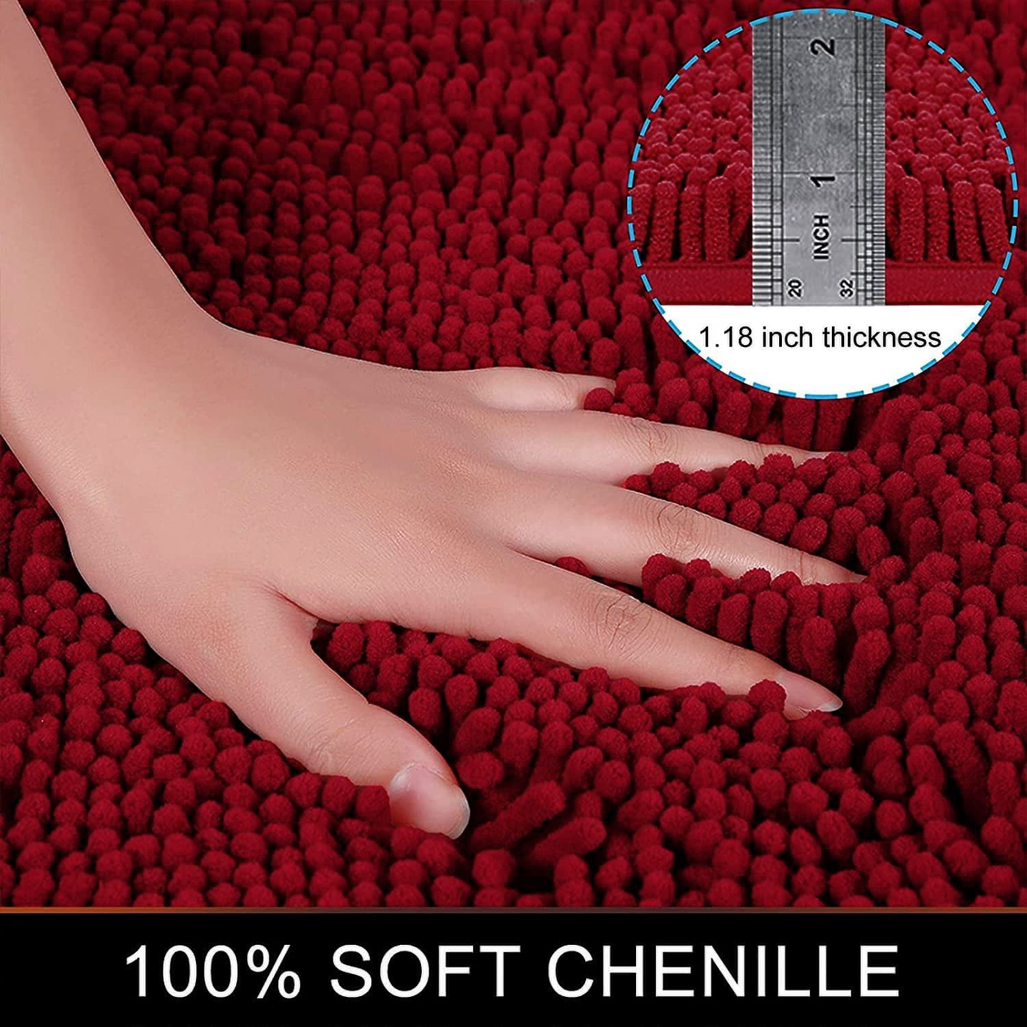 Chenille Bathroom Rugs, Extra Soft and Absorbent Shaggy Bath Mat Rugs, Washable Non Slip Shower Mat Carpet for Bathroom Floor, Tub and Shower, 24"x47", Burgundy