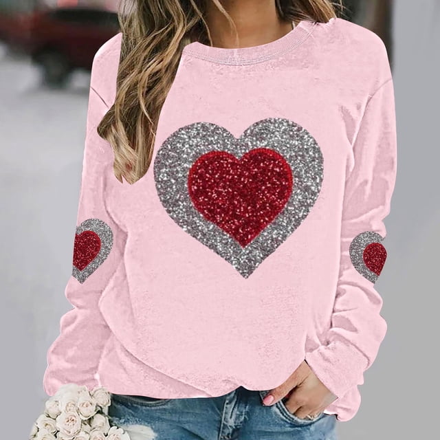 ICHUANYI Chandail à Col Rond pour Femmes de la Saint-Valentin avec Graphique de Cœur Imprimé, Col Rond, Décontracté, Ample, Chandail à Capuchon, Blouse à Manches Longues, Hauts