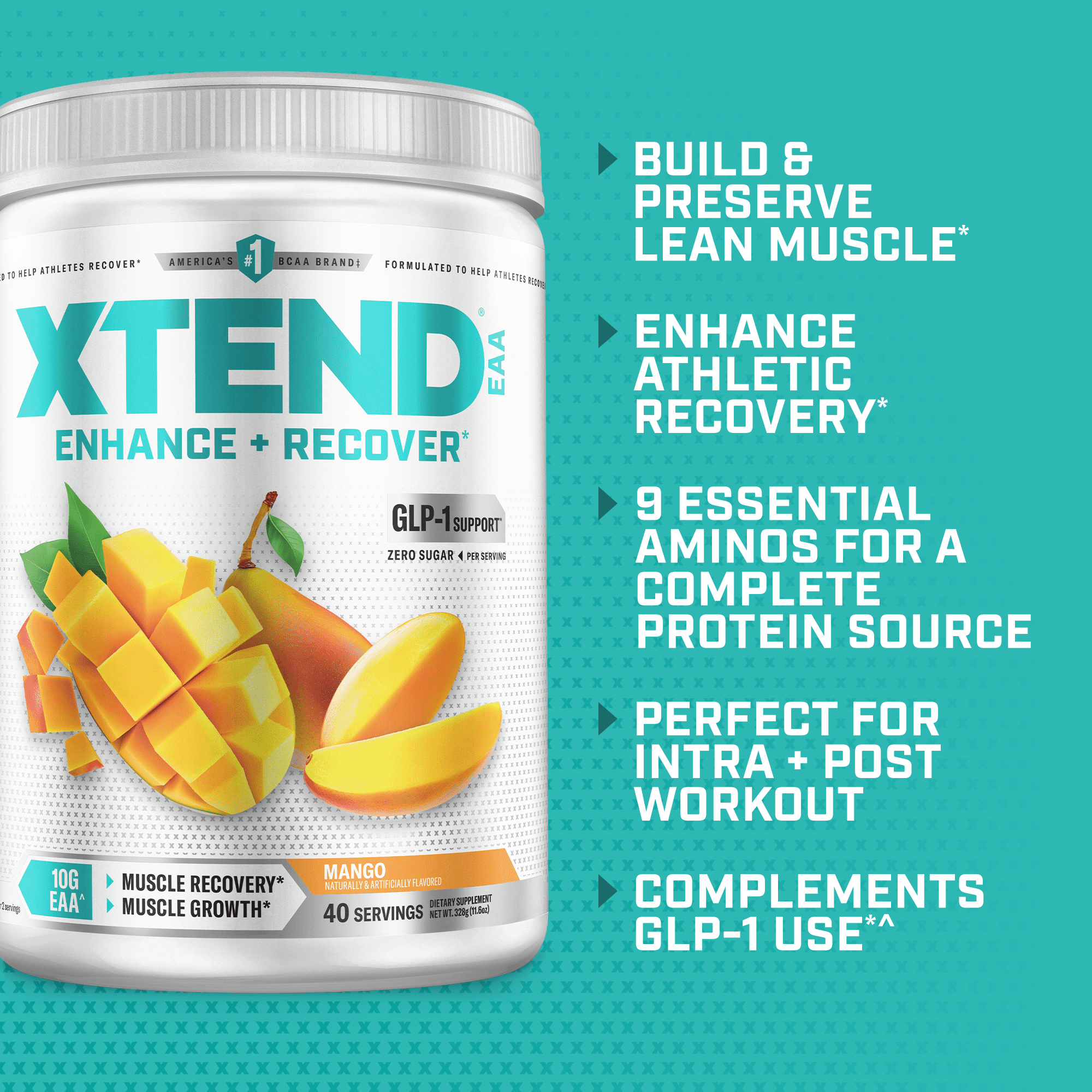 XTEND EAA Post-Workout Powder, for Muscle Recovery, Sugar-Free, Mango, 40 Servings