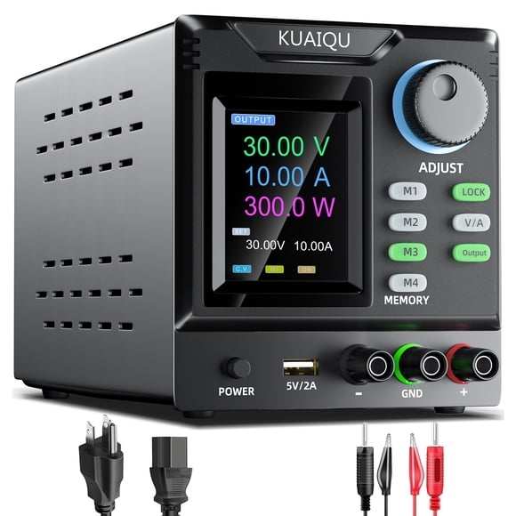 KUAIQU DC Power Supply 30V 10A Variable Bench Power Supply with Memory Storage & Encoder Knob Output Switch & Lock Button Colour Display Adjustable Regulated DC Power Supply for Battery Charging
