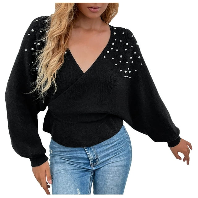Suéteres Para Mujer Otoño Invierno Suéter de Punto de Moda Cuello en V Perla Sólido Manga Larga Suéter Tops Odeerbi ODB175812