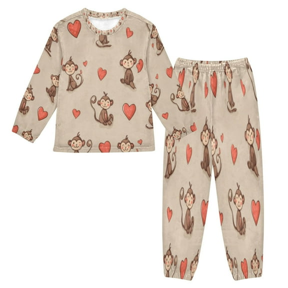 BZSMCE Unisex Fluffy Pajama Set Monkey Heart Playful Dance Printed