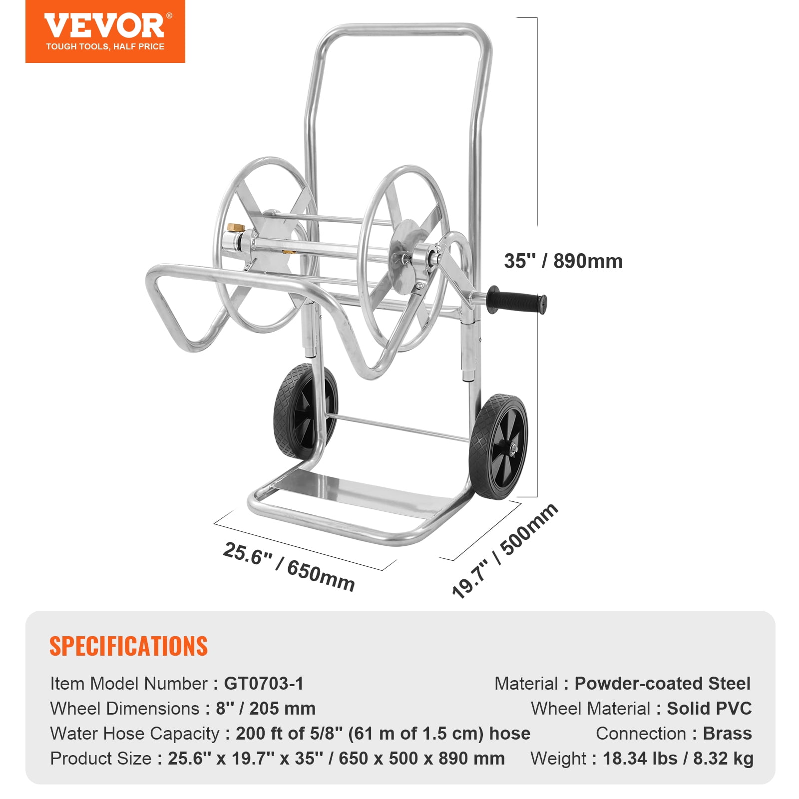 VEVOR Hose Reel Cart with Wheels, Metal hose reel Holds 200 Feet of 5/8" Hose Capacity Heavy Duty Outdoor Water Planting Truck for Yard, Garden