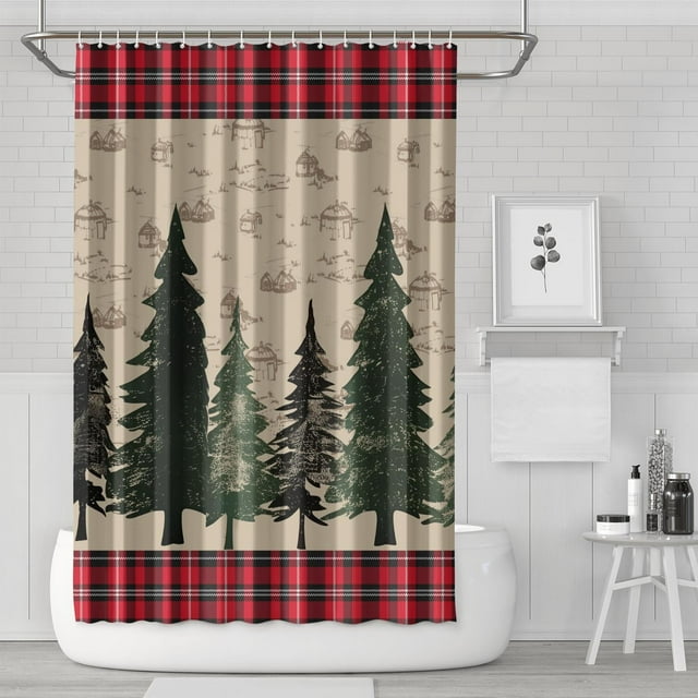 Rideau de Douche pour Salle de Bain Joyeux Noël Carreaux Rouges Rideau de Bain Imperméable Drôle Crochets Inclus, 72x72 Pouces