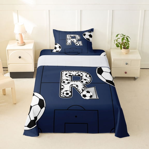 Feelyou Sport Soccer Letter R Twin Sheets for Boys, Blue Stripe Abstract Bedding, 3-Piece, 1 Flat Sheet, 1 Fitted Sheet and 1 Pillowcase