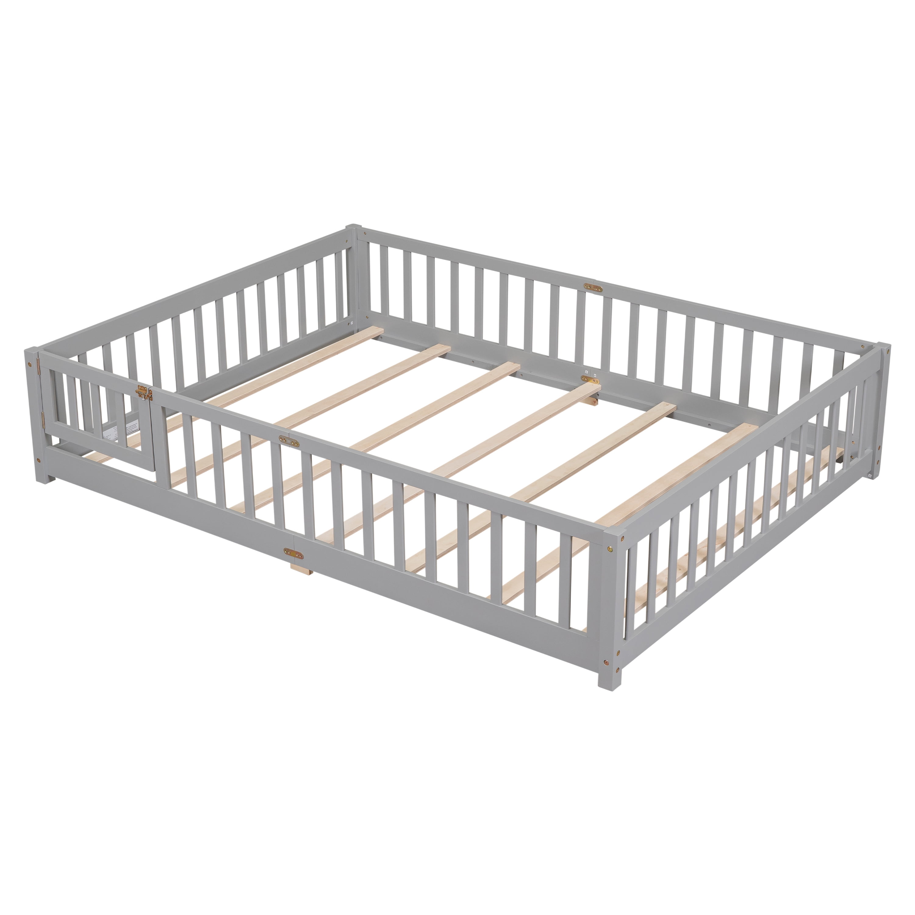 Miniyam Wood Queen Size Floor Bed with Safety Guardrails for Toddler, Gray