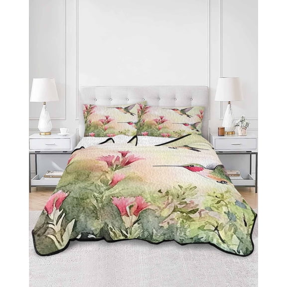 Quilts King Size, Hummingbird Red Floral Soft Comforter Bedding Set for Bed, Rustic Botanical Green Ombre Lightweight Quilted Bedspread with Pillow Cover(2 Pieces) for All Season, 96x106 Inch