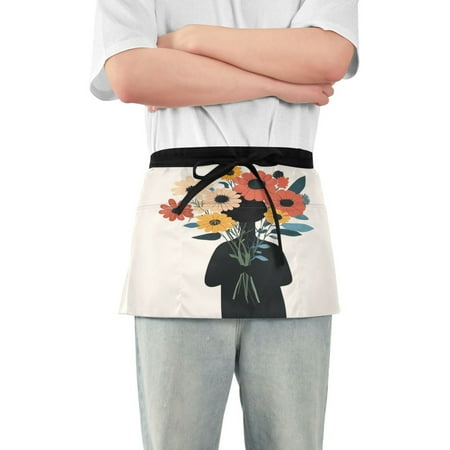 

Yayeee Waist Apron with Pockets for Cooking Waterproof Half Server Aprons Black Flowers