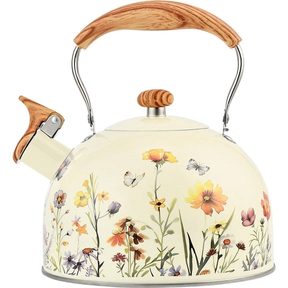 Vjnyvs 2.5L Whistling Kettle Stainless Steel Teapot with Wood Handle, 18 x 16 cm Without Handle