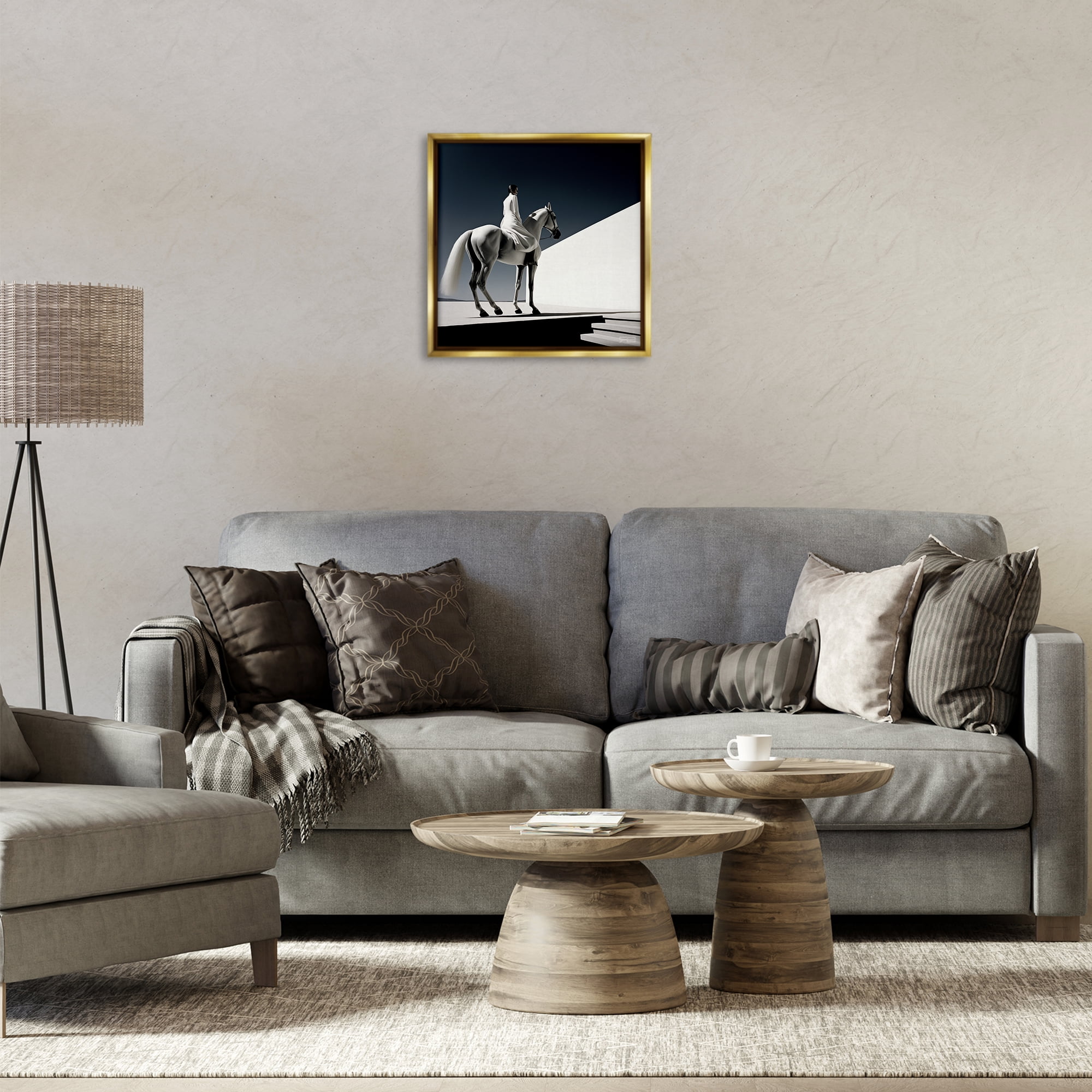 Stupell Industries Contemporary Scene with Horse People Painting Gold Floater Framed Canvas Art Print Wall Art, 18 x 18