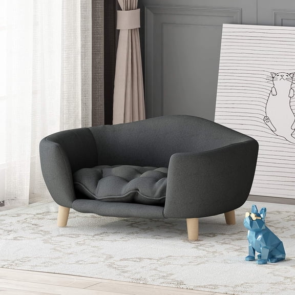 Mid Small Plush Pet Bed Dark Gray with Beech Wood