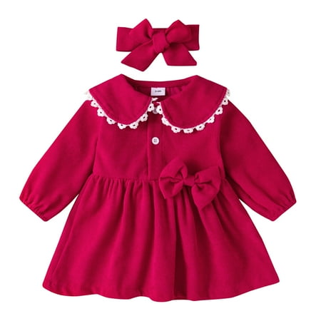 

TAIAOJING Baby Girl Dress Fall Toddler Long Sleeve Solid Bowknot Princess Dress Headbands Set Girls Outfits 3-6 Months