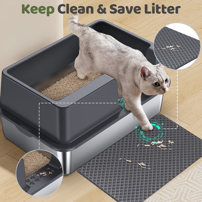 Gimars XL Stainless Steel Cat Litter Box 60 x 40 x 31cm, 36L High Sided Metal Litter Tray with Scoop and Mat