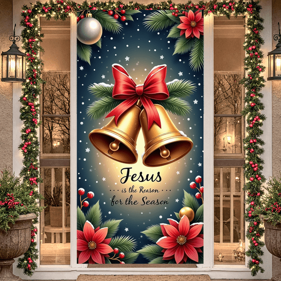 Decorative Design Christmas Banner Festive Bells Religious Theme Jesus for Holiday Celebration Indoor Decoration Church Event