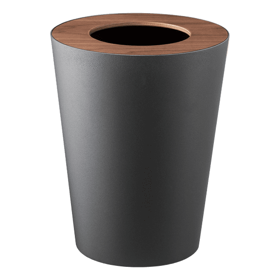 Yamazaki Home Trash Can - Two Styles, Walnut, Steel   Wood, Round, 1.85 gallons, 7 liters, Conceals Trash Liners, Lid, No Assembly